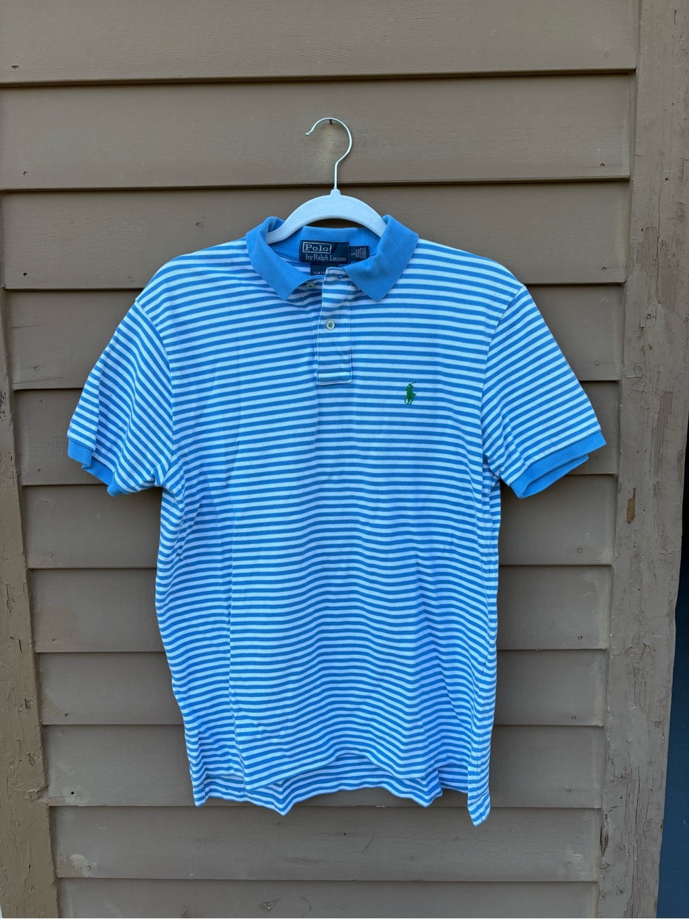 Ralph Lauren Light Blue & White Striped Polo with Green Pony